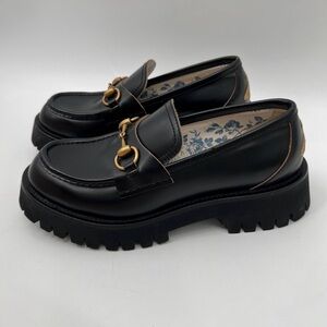 Gucci Leather Lug Sole Horsebit Loafer size 39.5 Black Bee Gold Platform Shoes